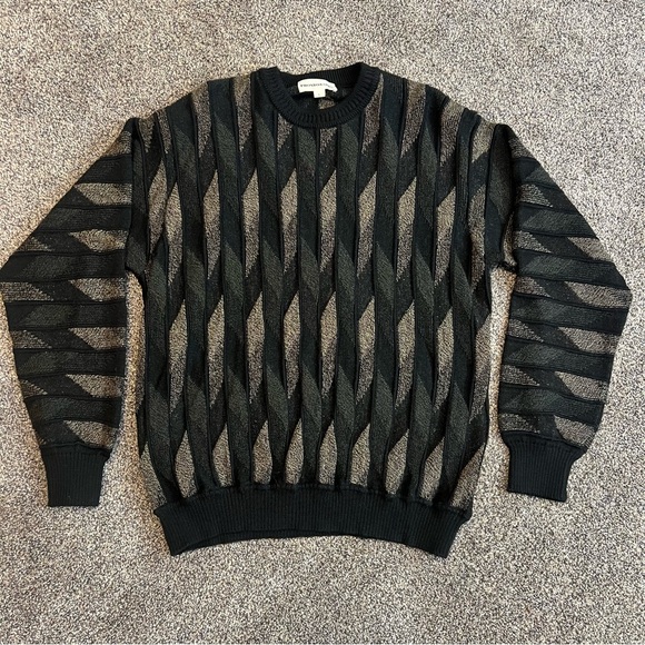 Pronto Uomo Sweater Mens L Black Beige Green Wool Blend 3D Knit Geometric 90s - Picture 1 of 10